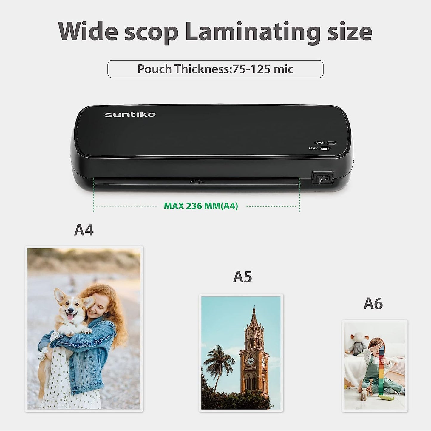 Laminator suntiko laminadora plastificadora maquina Machine, Quick Warm-Up laminado y calentado rapido, Fast Laminating, 4 in 1 Thermal Laminator, Laminating of A4/A5/A6 for Home Office School Use