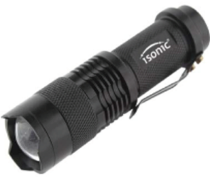 ISONIC: LINTERNA LED MODELO TIPO CREE XPE LUMENS 150 CON BATERIA RECARGABLE AA Y CARGADOR DE BATERIA ( TAMAÑO 20*25*95MM, VIENE EN CAJA PLASTICO NEGRA)