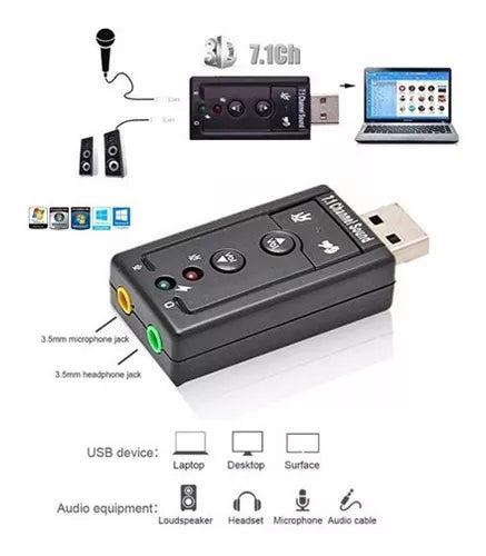 Tarjeta Sonido Externa USB 2.0 7.1 Volumen Ajustable 4 botones Negro  REF860.A